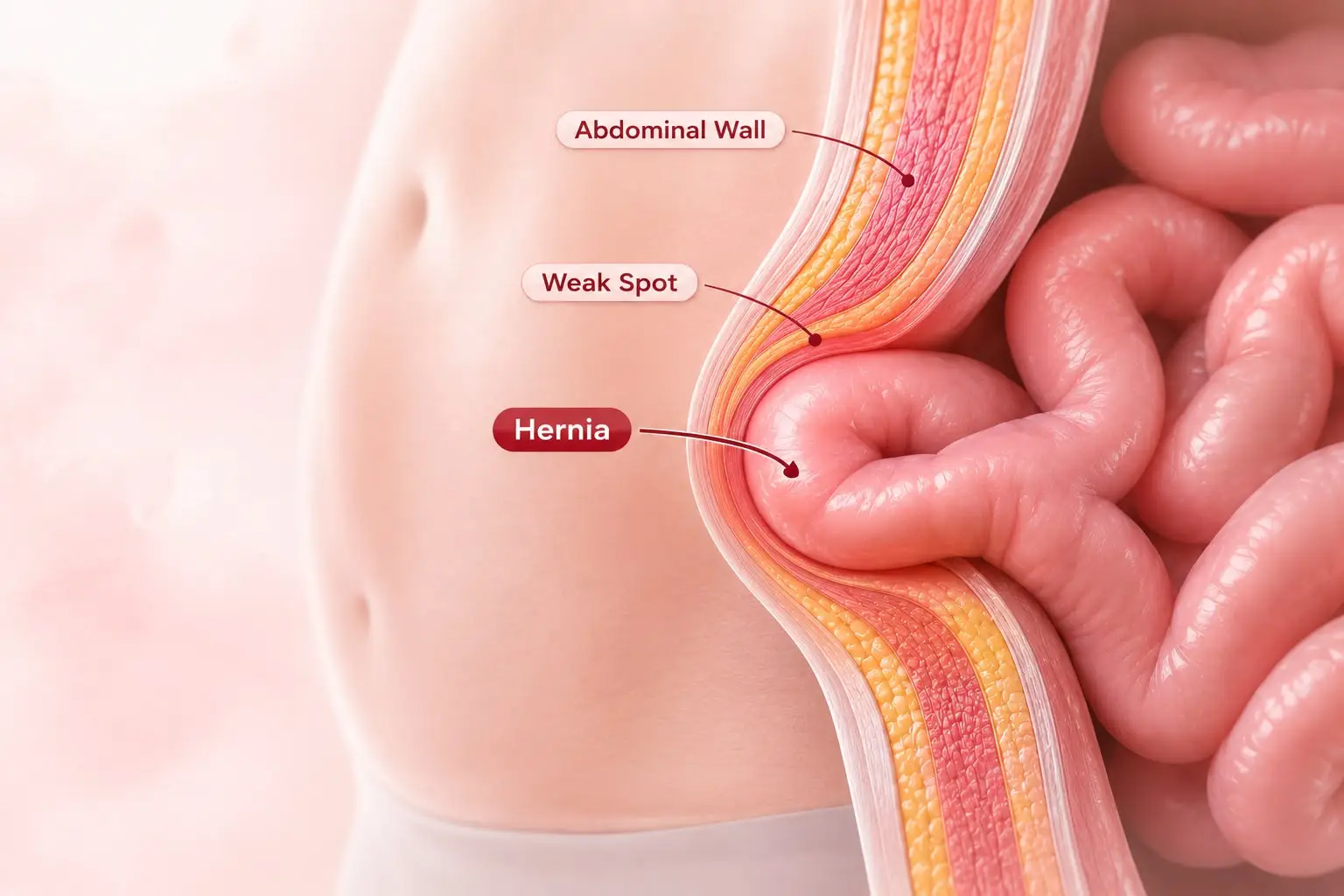 Image showing hernia illustration, intestine protruding out of the weak spot in abdominal wall, Hernia treatment in gurgaon, hernia surgery in gurgaon, Laparoscopic hernia surgery in gurgaon